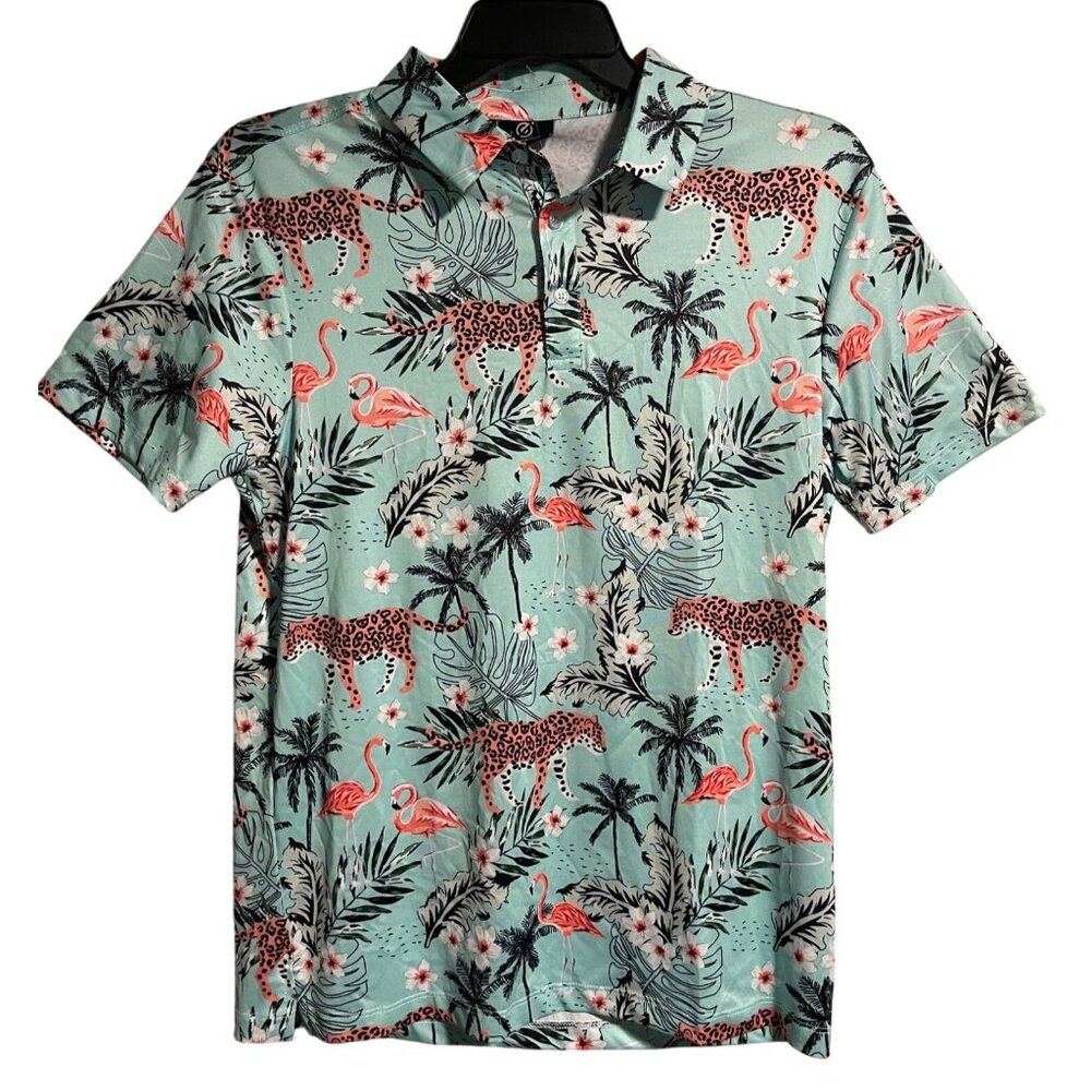 GreenSide Golf Polo Mens S African Oasis Print Turquoise Cheetahs Flamingos